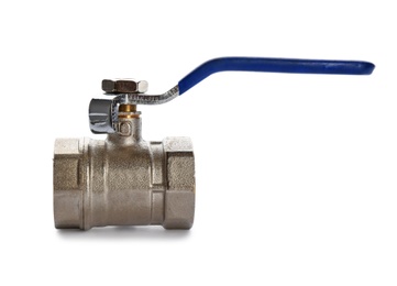 Photo of New valve on white background. Plumber's supply