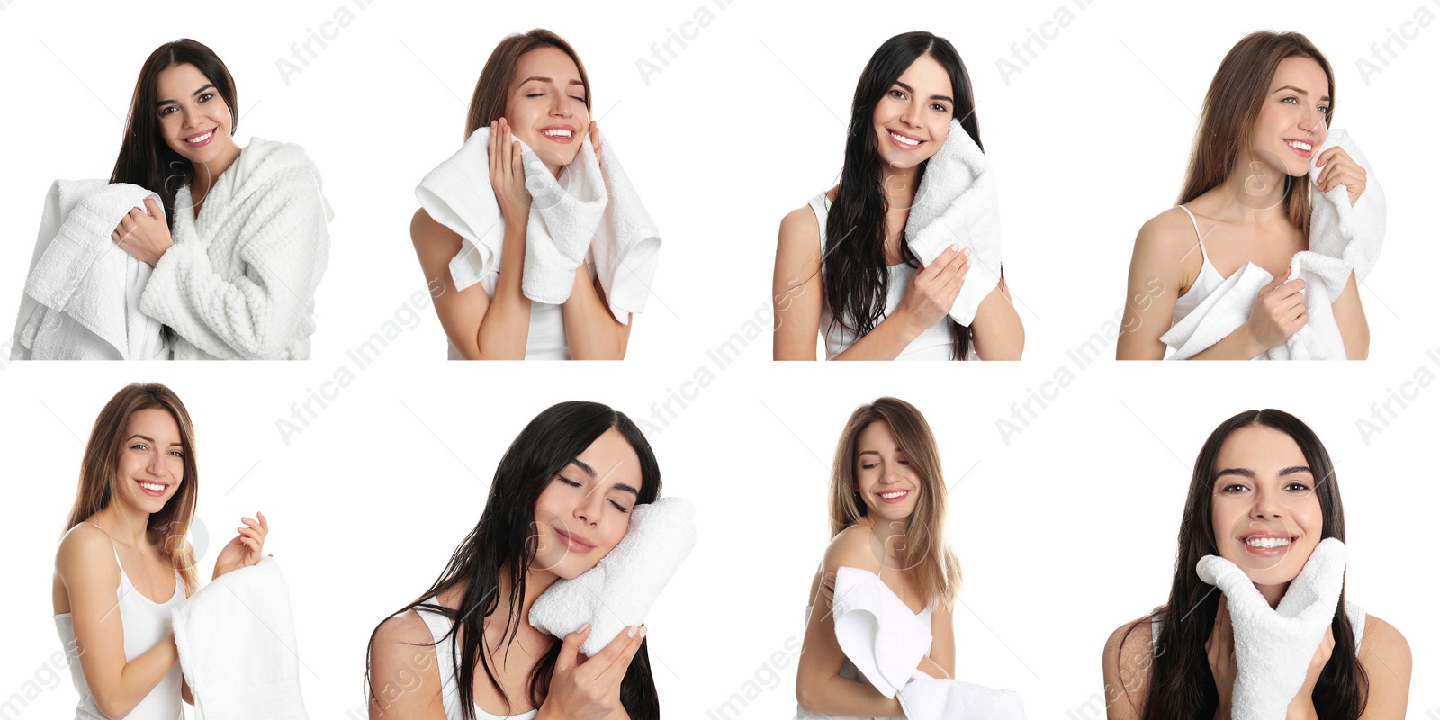 Image of Collage of women with towels on white background. Banner design