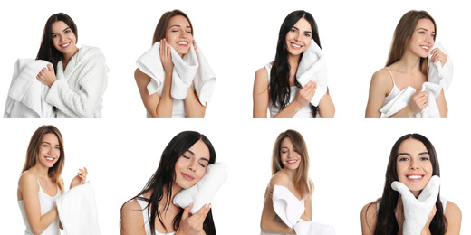 Image of Collage of women with towels on white background. Banner design