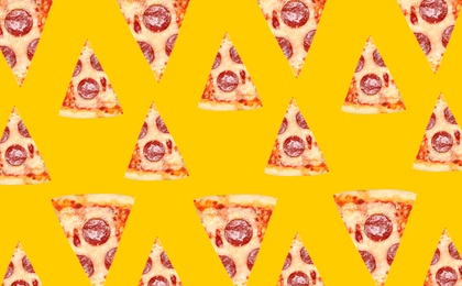 Image of Pepperoni pizza slices on yellow background. Pattern design 