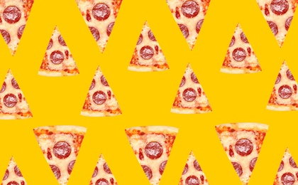 Pepperoni pizza slices on yellow background. Pattern design 