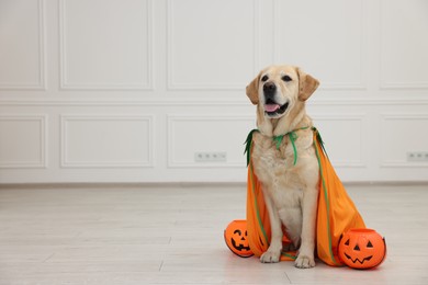 Photo of Cute Labrador Retriever dog in costume with Halloween buckets indoors. Space for text