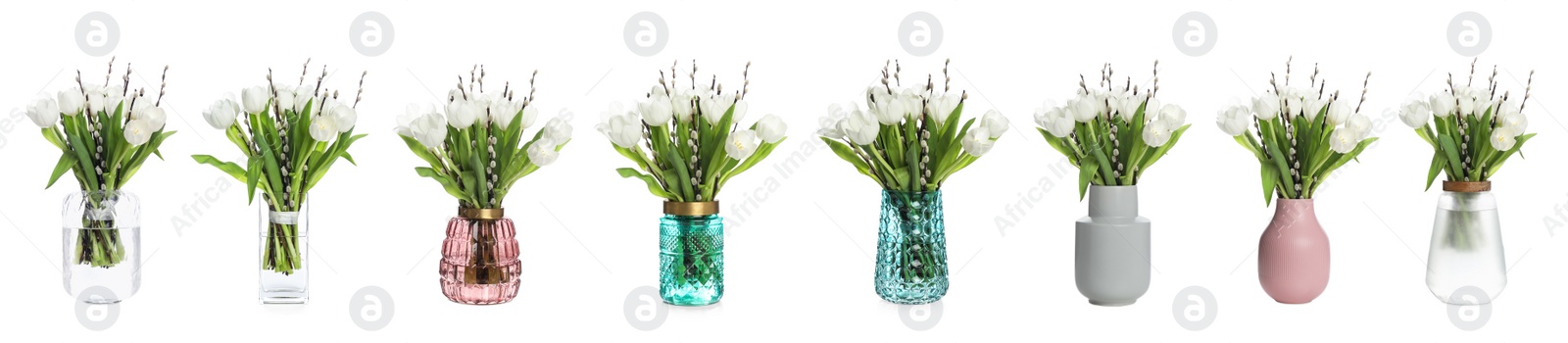 Image of Collage of stylish vases with beautiful bouquet on white background