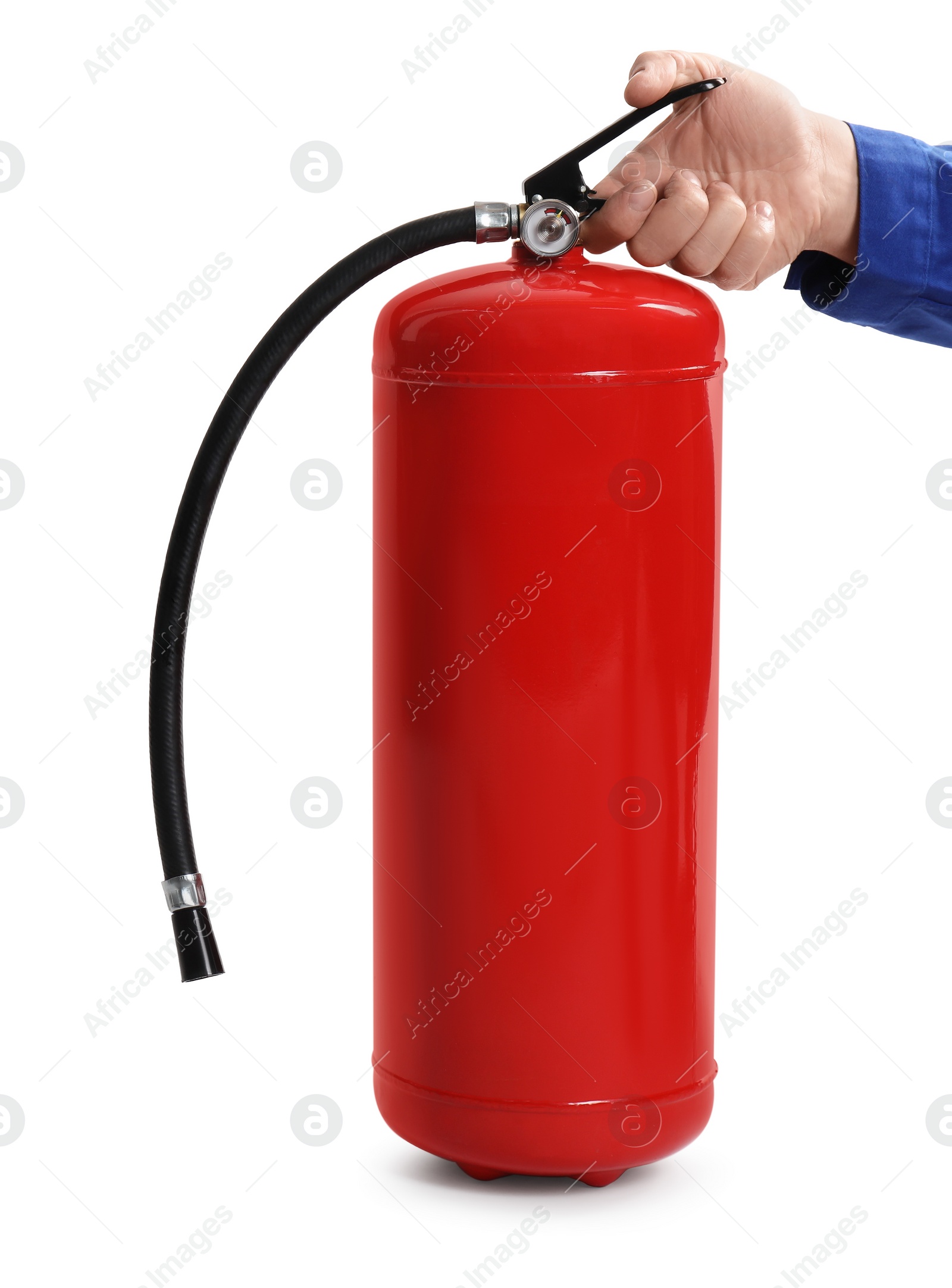 Photo of Man with fire extinguisher on white background, closeup