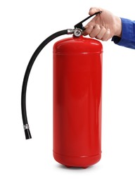 Photo of Man with fire extinguisher on white background, closeup