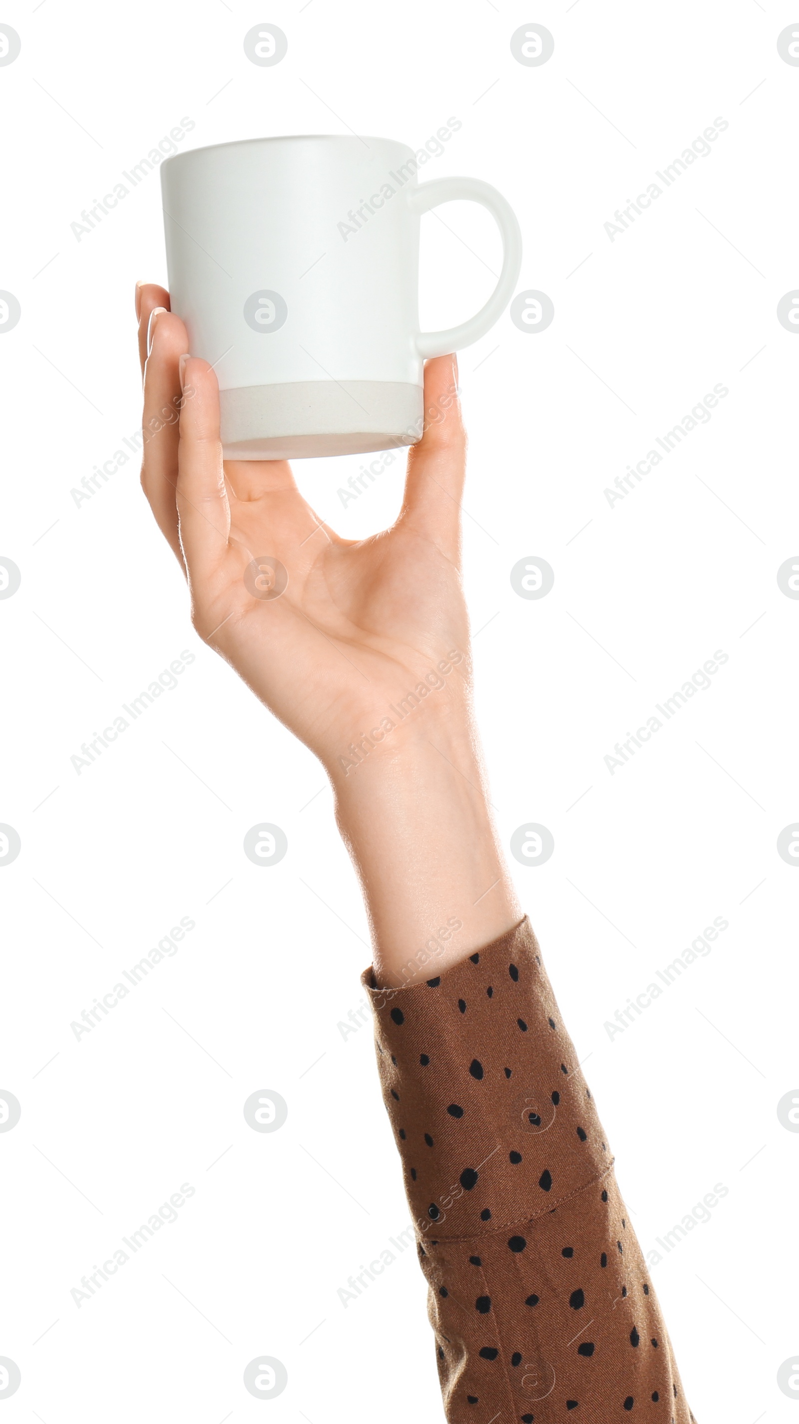 Photo of Woman holding elegant cup on white background, closeup