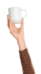 Woman holding elegant cup on white background, closeup