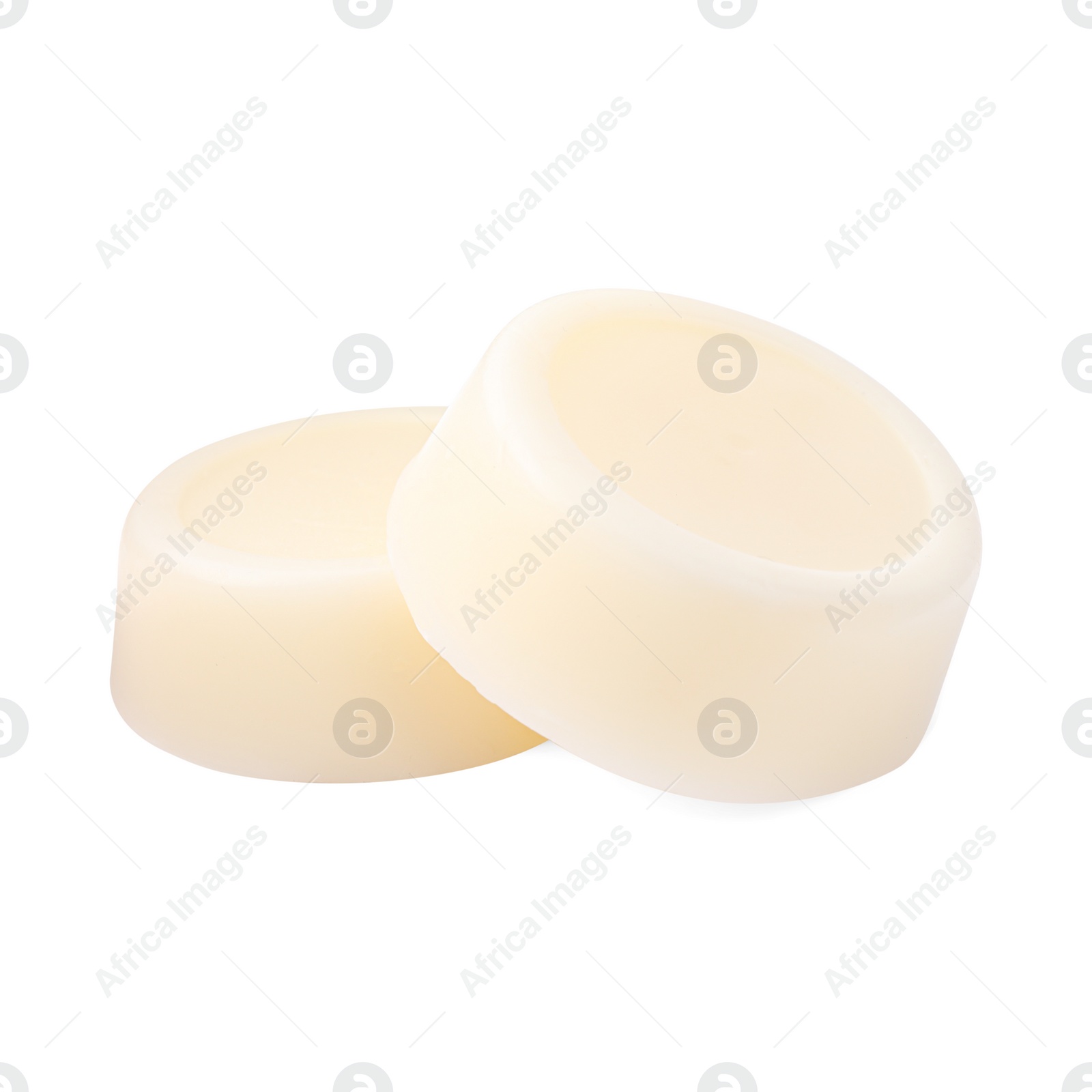 Photo of Solid shampoo bars on white background. Hair care