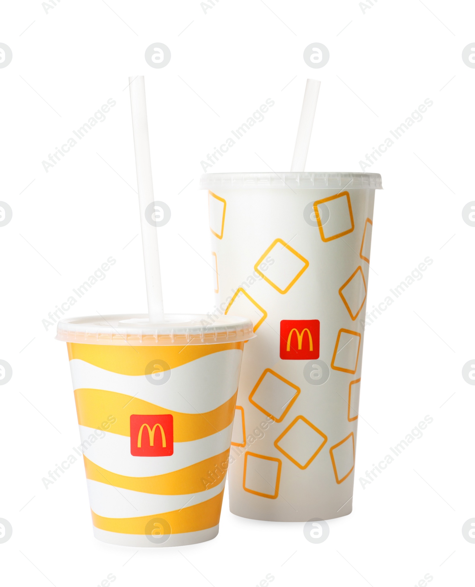 Photo of MYKOLAIV, UKRAINE - AUGUST 11, 2021: Cold McDonald's drinks isolated on white