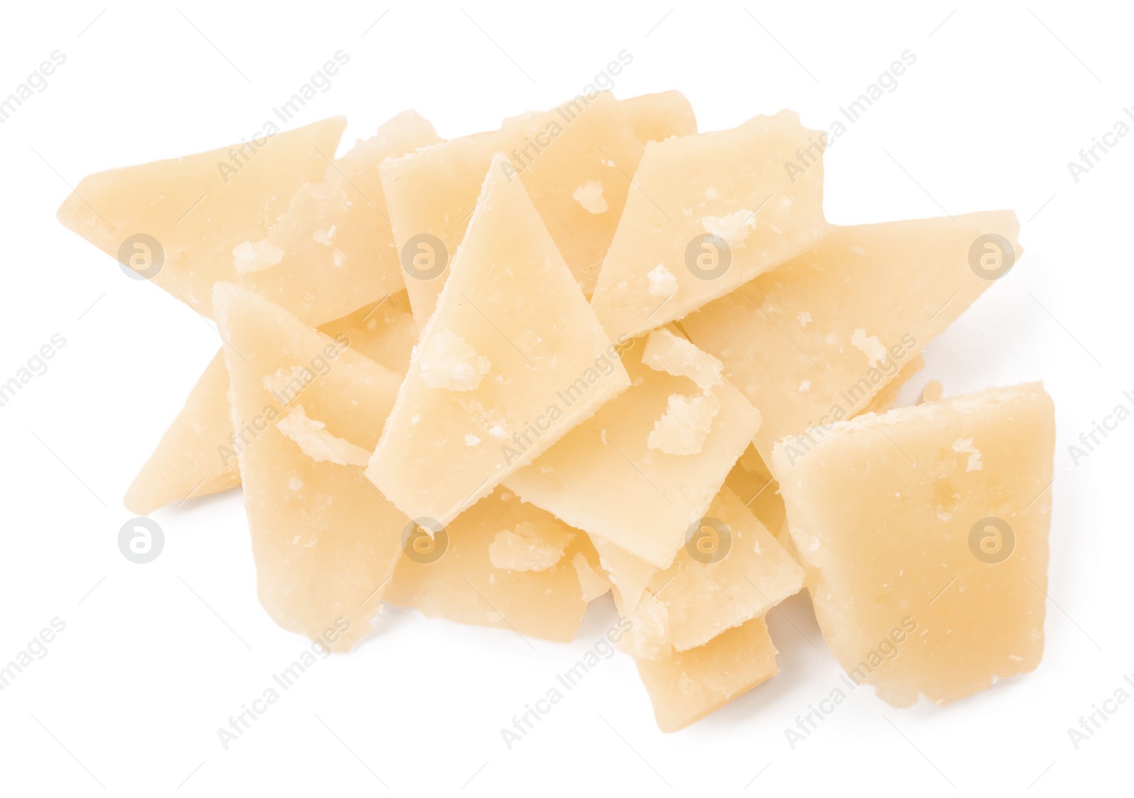 Photo of Pile of parmesan cheese pieces on white background, top view