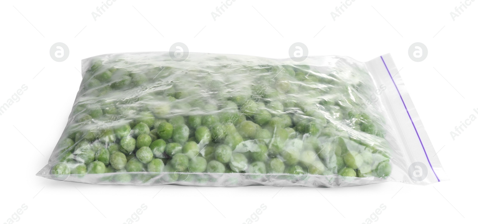 Photo of Frozen peas in plastic bag isolated on white. Vegetable preservation