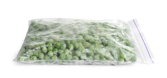 Photo of Frozen peas in plastic bag isolated on white. Vegetable preservation