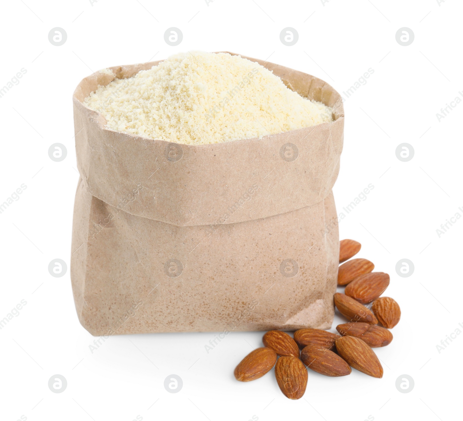 Photo of Paper bag with almond flour and nuts isolated on white