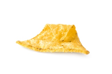 Photo of Tasty Mexican nacho chip on white background