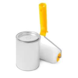 Can of paint and roller on white background