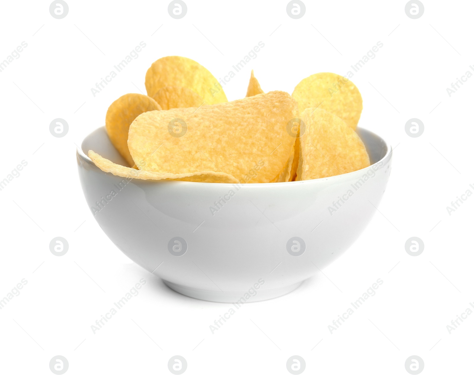 Photo of Bowl of tasty crispy potato chips on white background