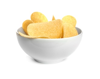 Bowl of tasty crispy potato chips on white background