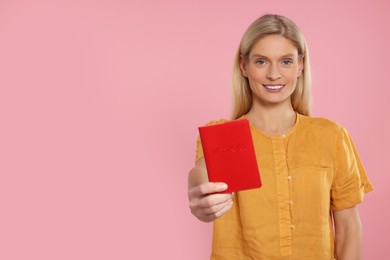 Immigration. Happy woman with passport on background, space for text