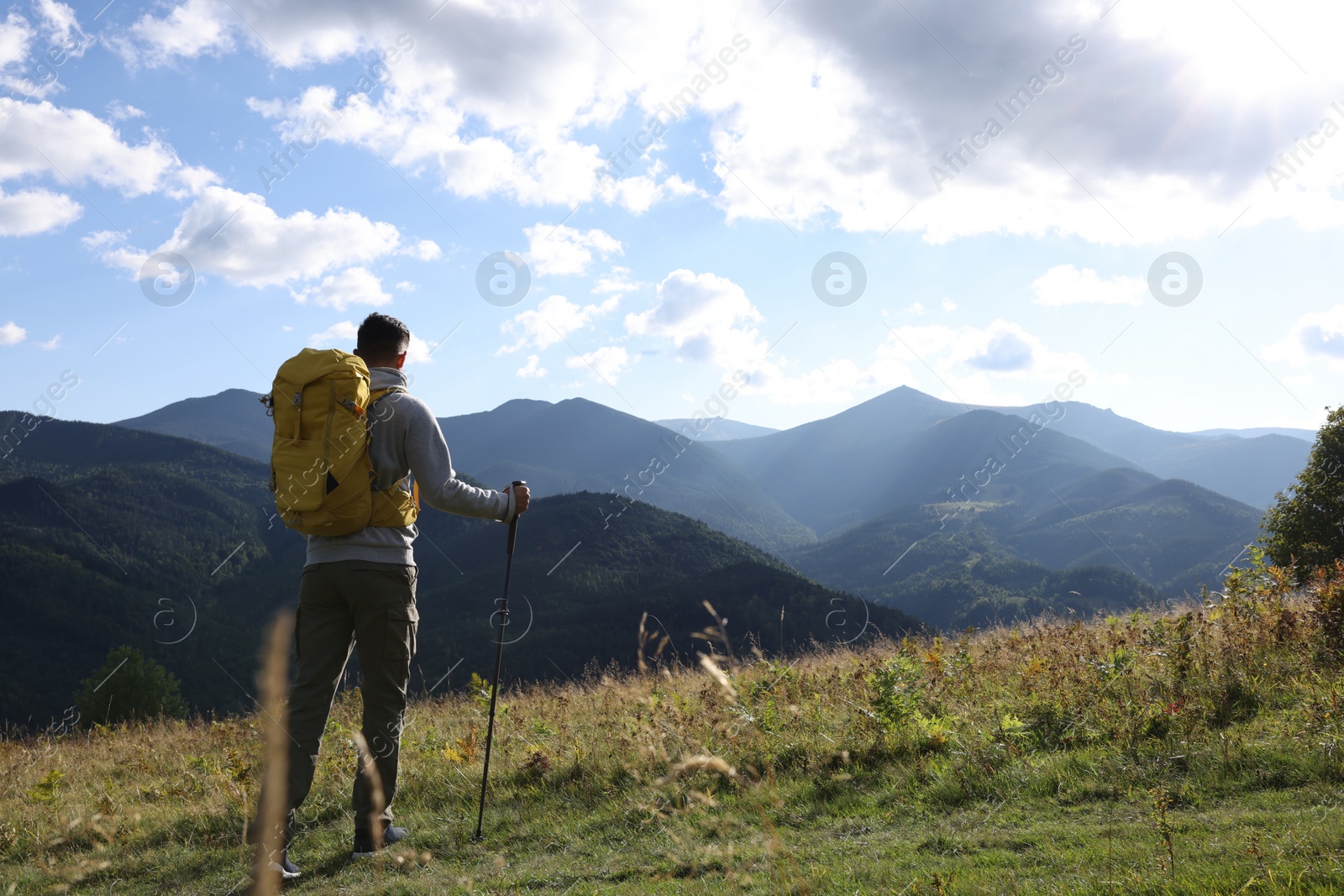 Photo of Tourist with backpack and trekking poles enjoying mountain landscape, back view. Space for text