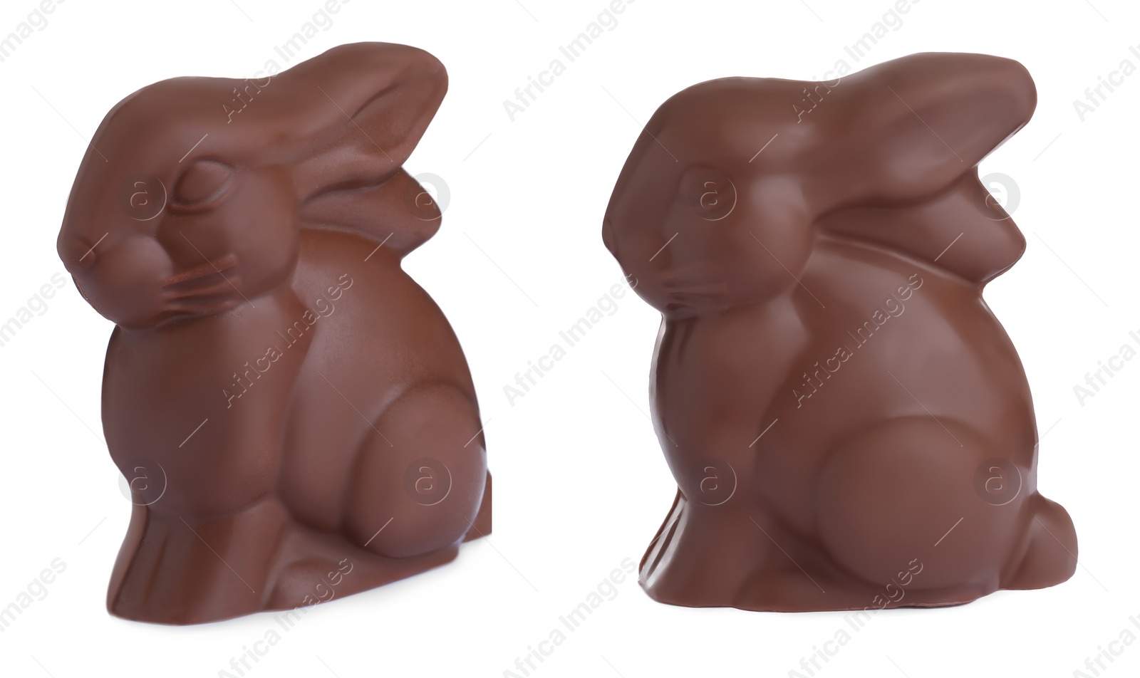 Image of Delicious chocolate Easter bunnies on white background