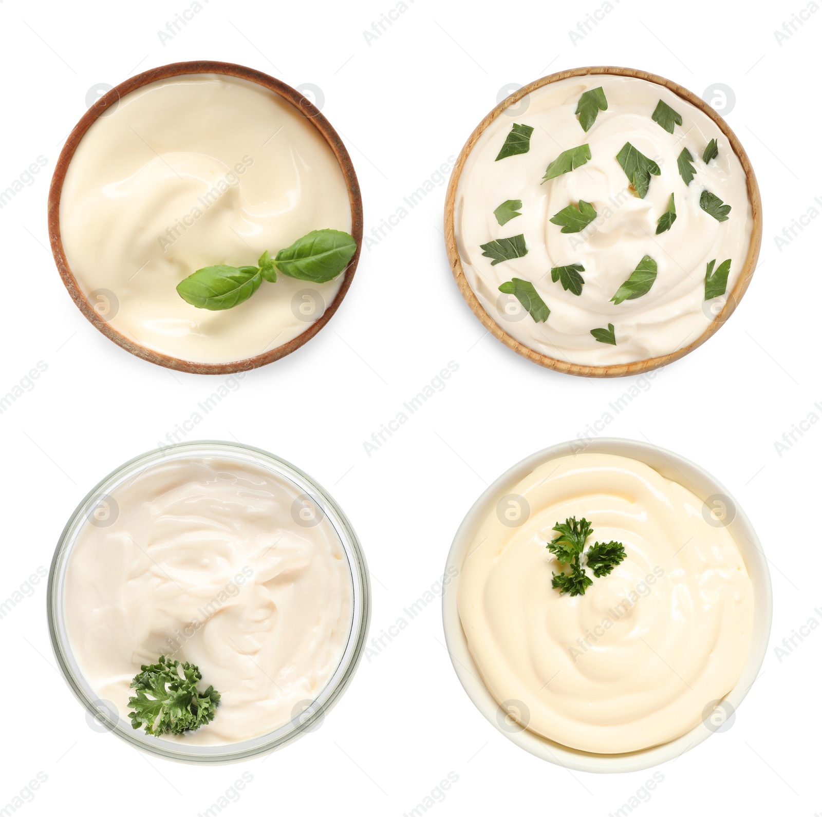 Image of Set with tasty mayonnaise on white background, top view