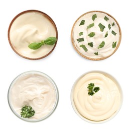 Set with tasty mayonnaise on white background, top view