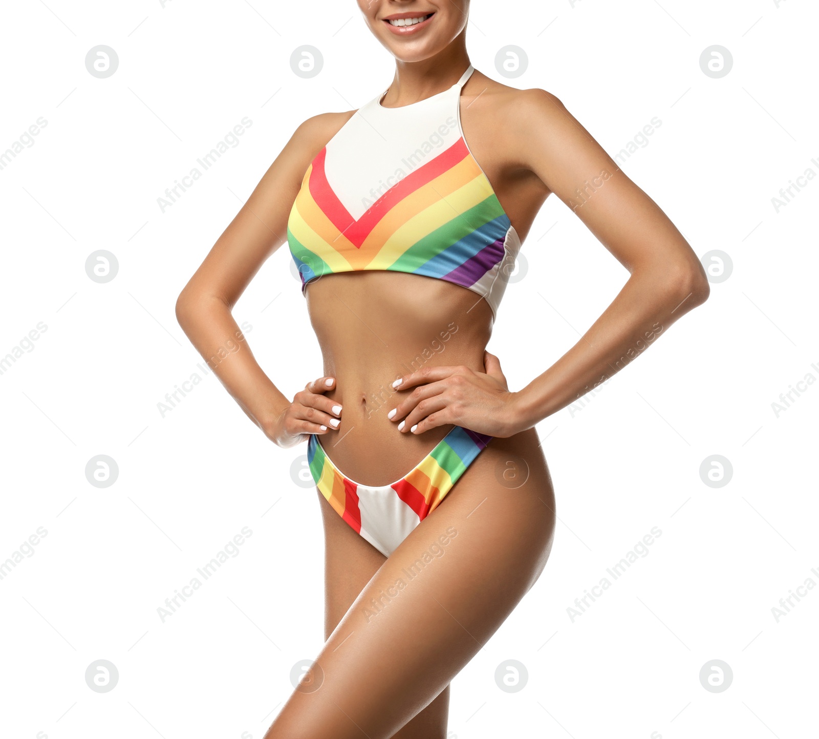 Photo of Sexy young woman in stylish swimsuit isolated on white, closeup. Beach body goal