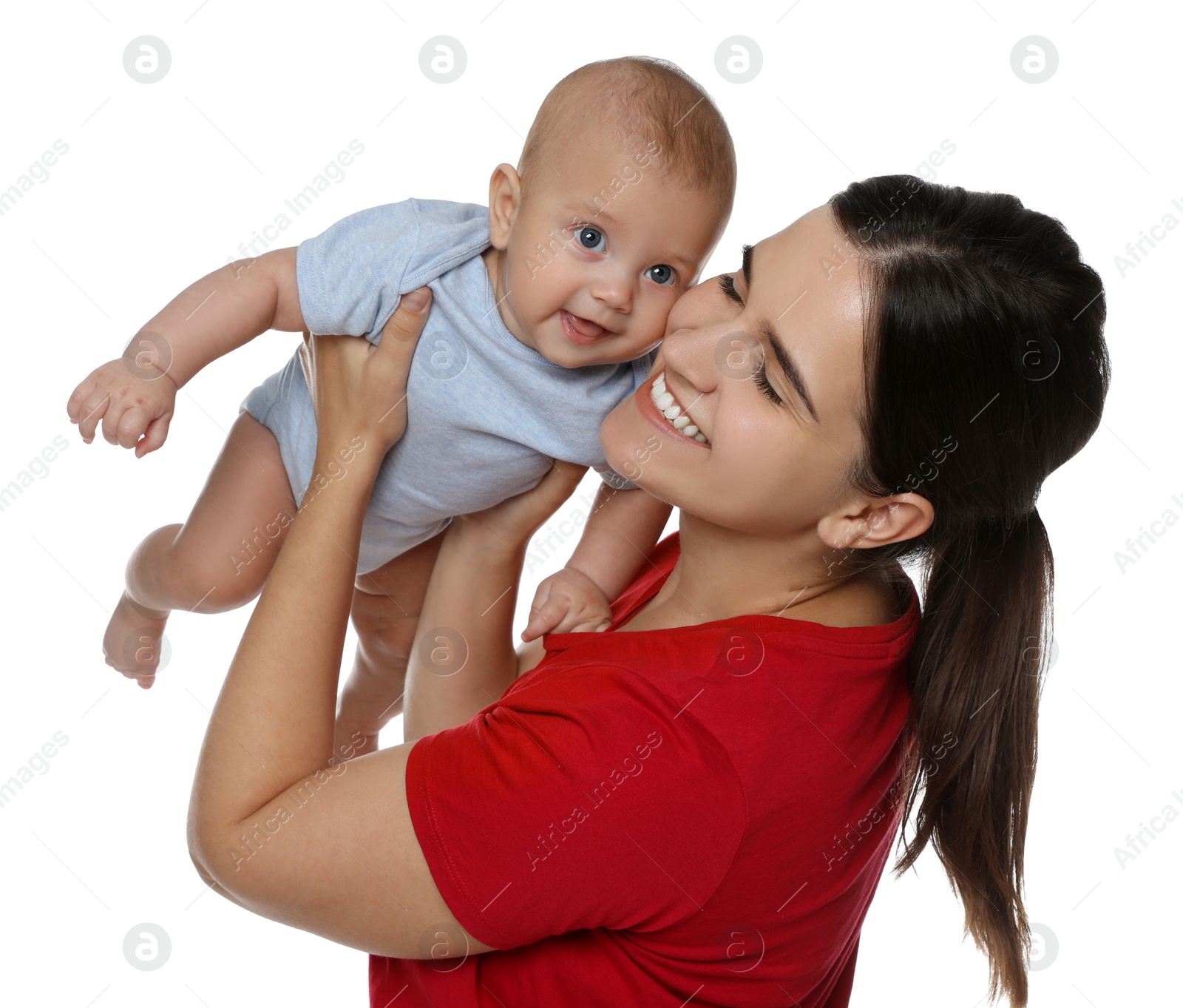 Photo of Beautiful mother with her cute baby on white background