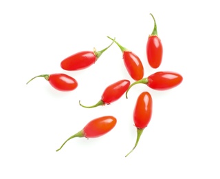 Fresh ripe goji berries on white background, top view