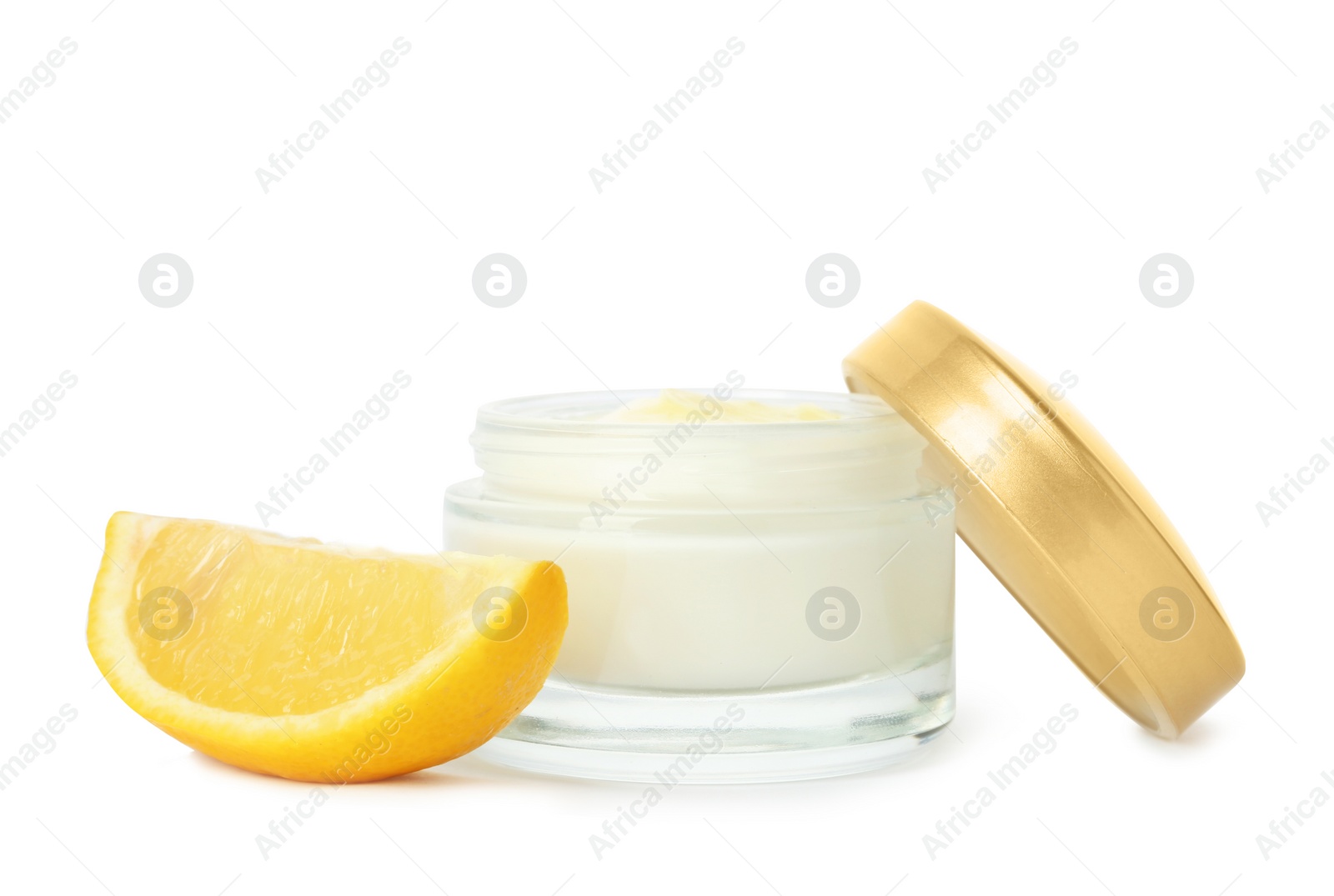 Photo of Jar with cream and lemon on white background. Hand care cosmetics