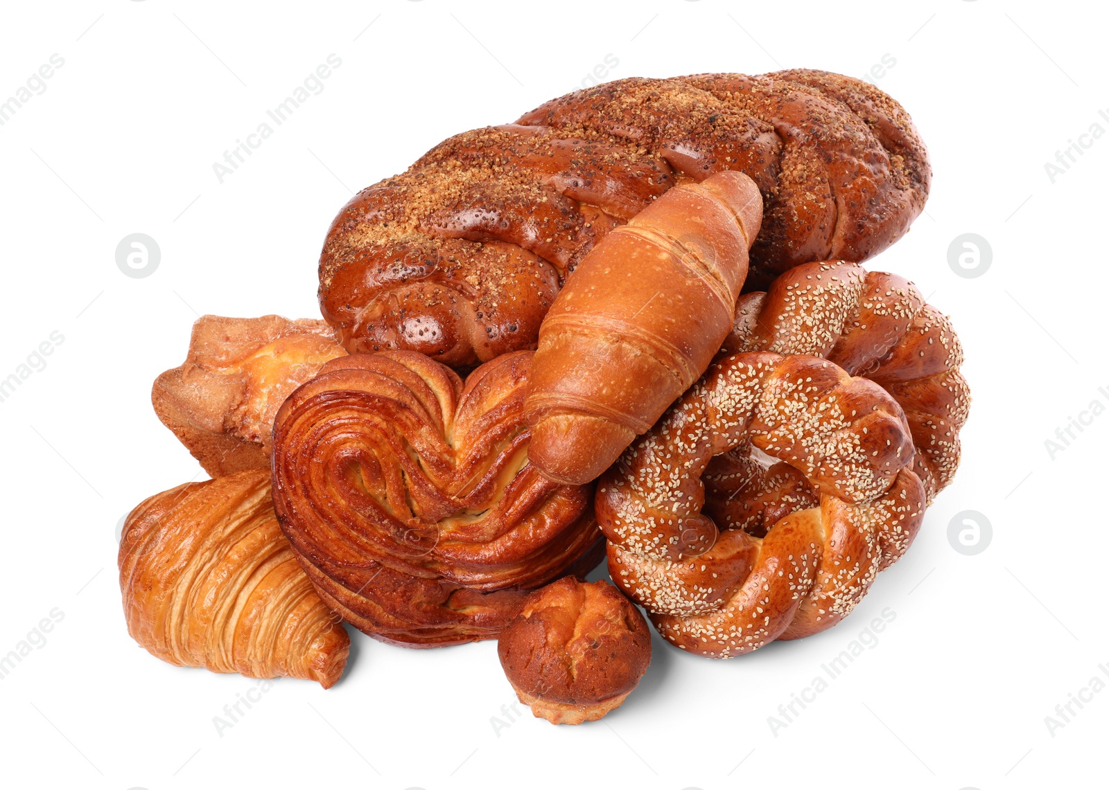 Photo of Many different tasty pastries isolated on white