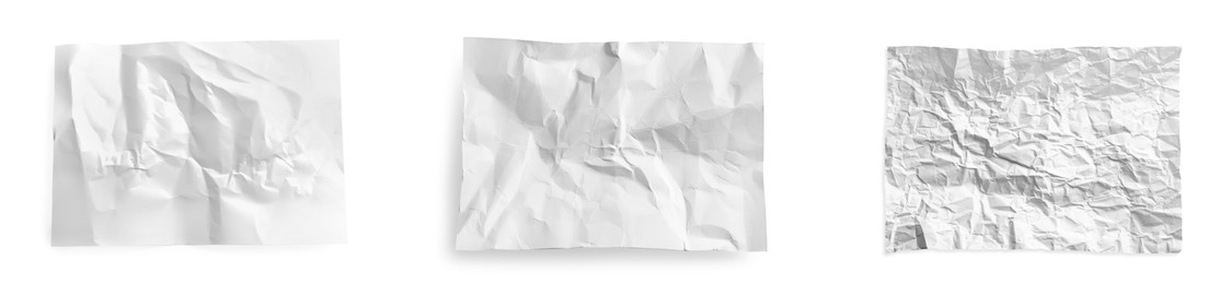 Image of Set with crumpled paper sheets on white background, top view. Banner design