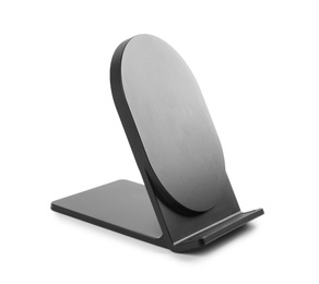 Photo of Black wireless charger isolated on white. Modern technology