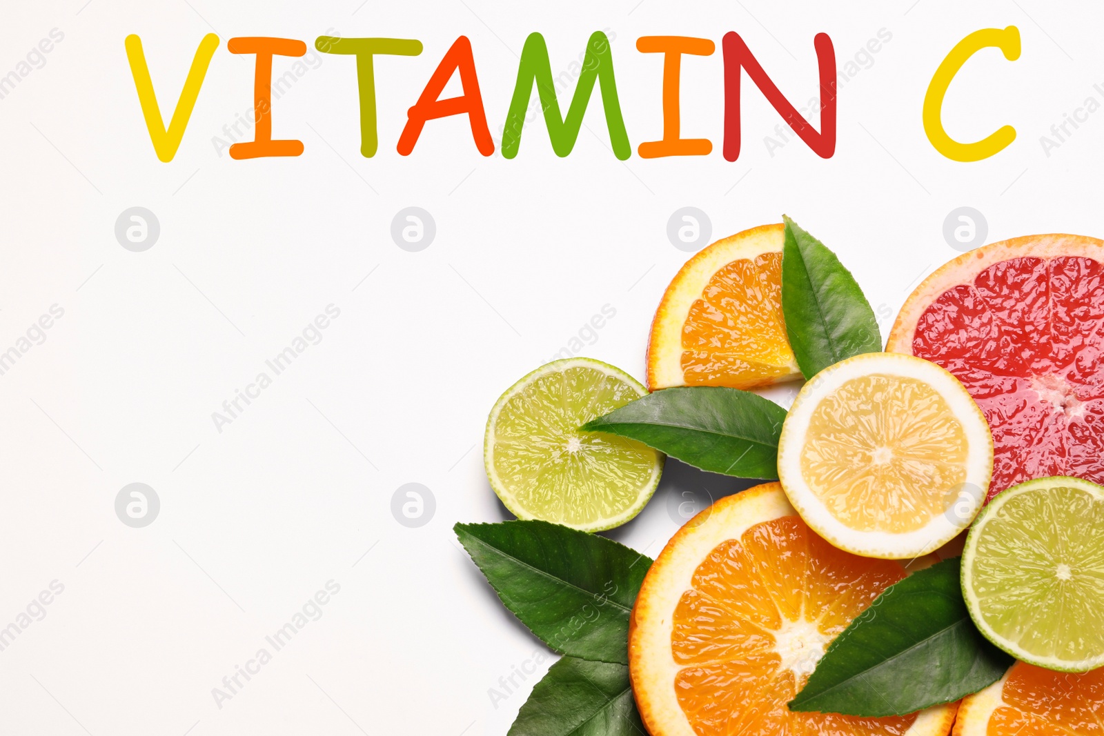 Image of Source of Vitamin C. Fresh juicy citrus fruits with green leaves on white background, flat lay
