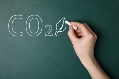 Image of Reduce carbon emissions. Woman drawing leaf and chemical formula CO2 on green chalkboard, closeup