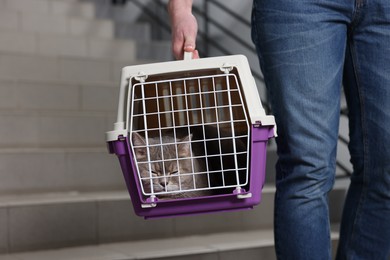 Travel with pet. Man holding carrier with cute cat and bag indoors, closeup