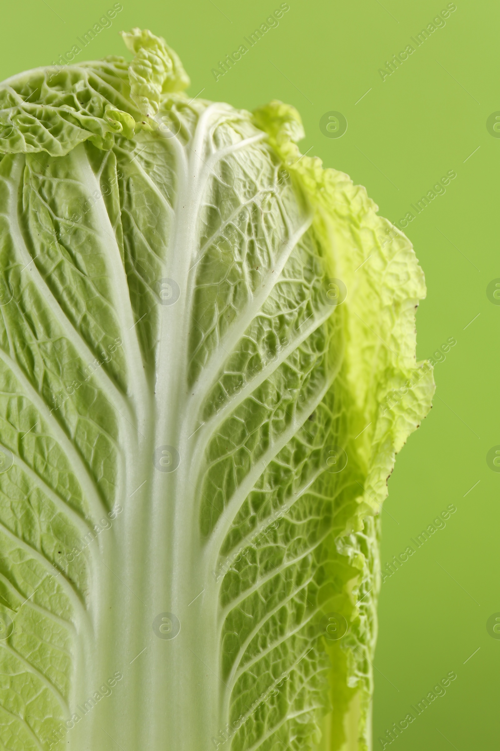 Photo of Fresh ripe Chinese cabbage on light green background, closeup