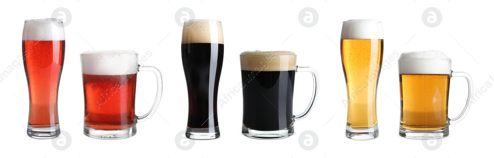 Image of Set with glasses of cold tasty beer on white background. Banner design