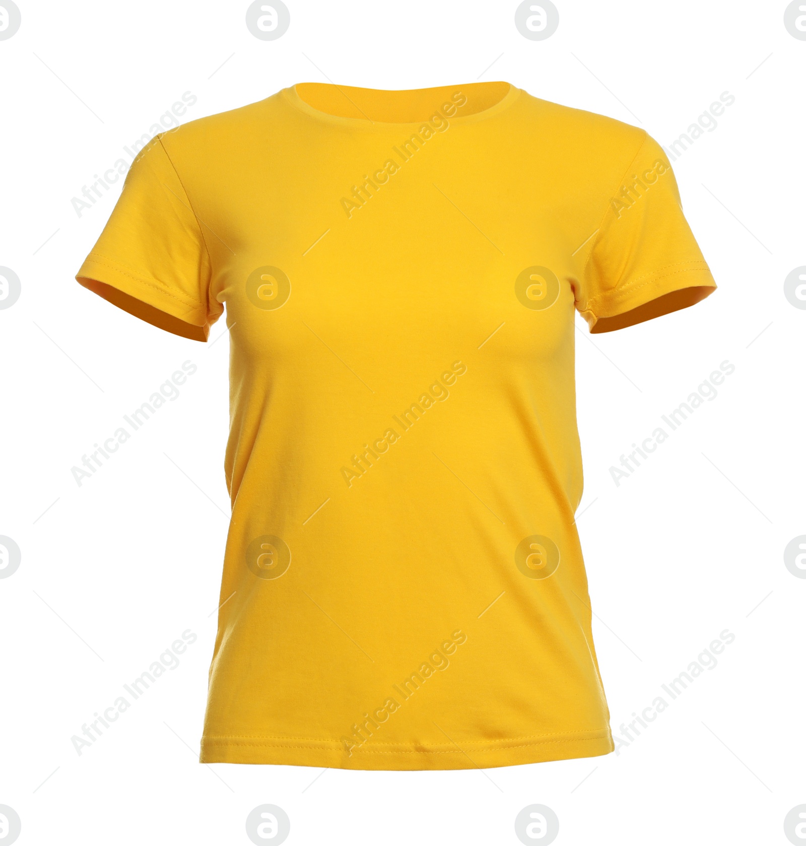 Photo of Mannequin with yellow women's t-shirt isolated on white. Mockup for design