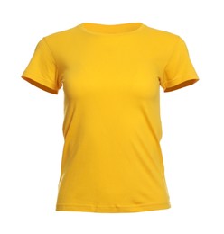 Photo of Mannequin with yellow women's t-shirt isolated on white. Mockup for design