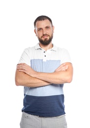 Portrait of man in casual clothes on white background