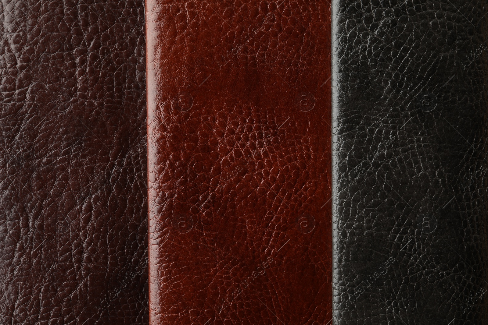 Photo of Leather samples of different colors for design as background, closeup