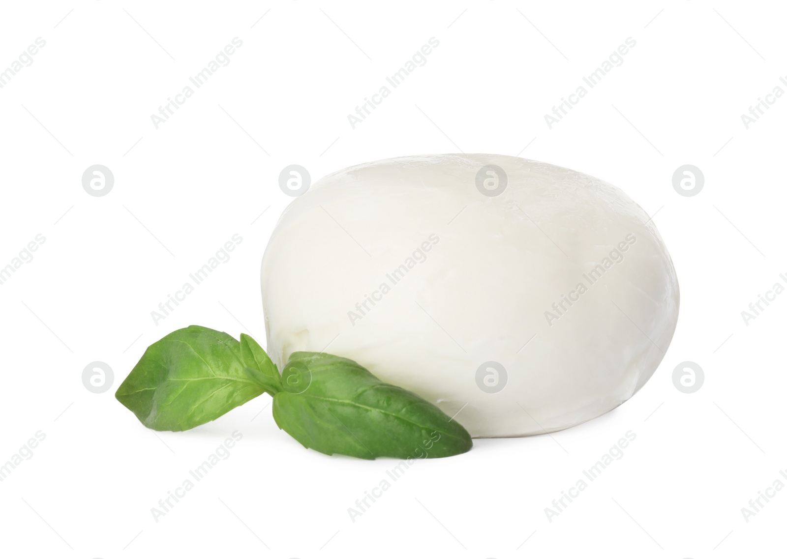 Photo of Delicious mozzarella cheese ball and basil on white background