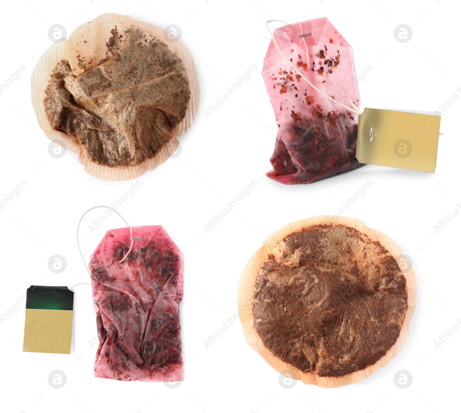 Image of Set with used tea bags on white background