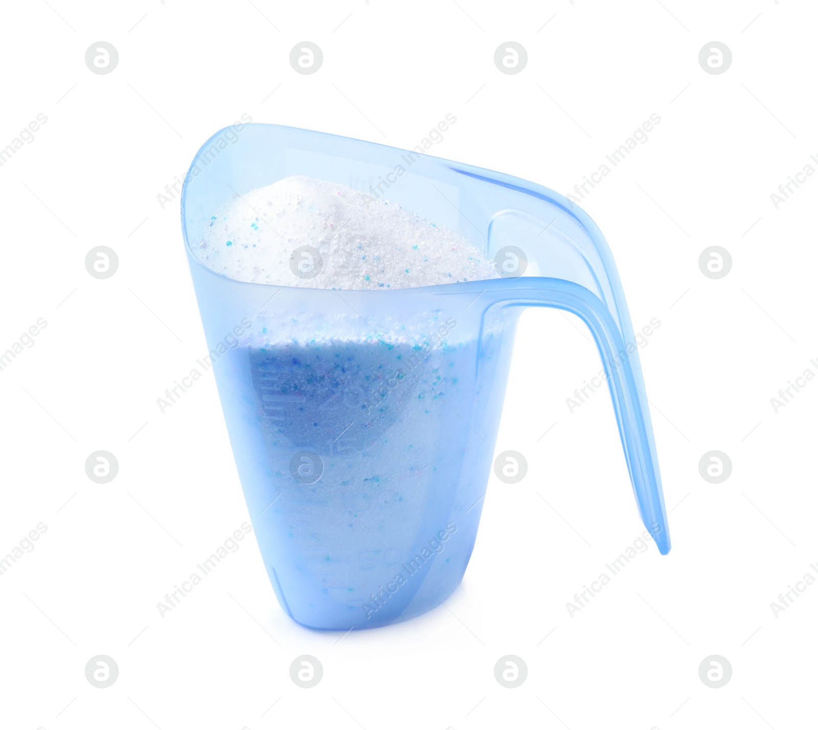 Photo of Measuring cup with laundry powder isolated on white