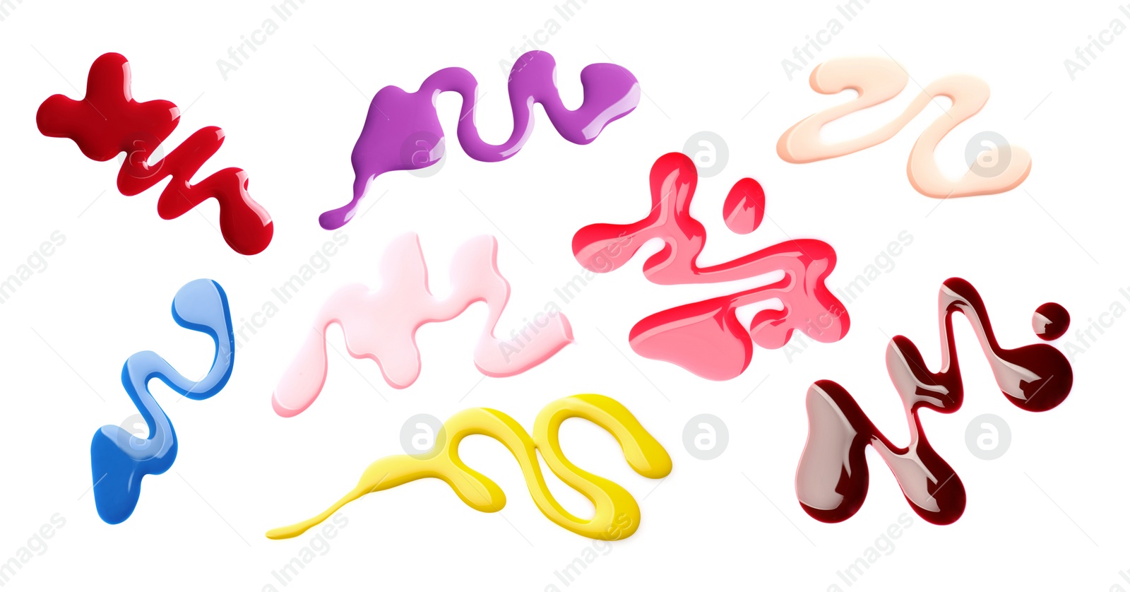 Image of Set of different spilled nail polishes on white background, top view. Banner design