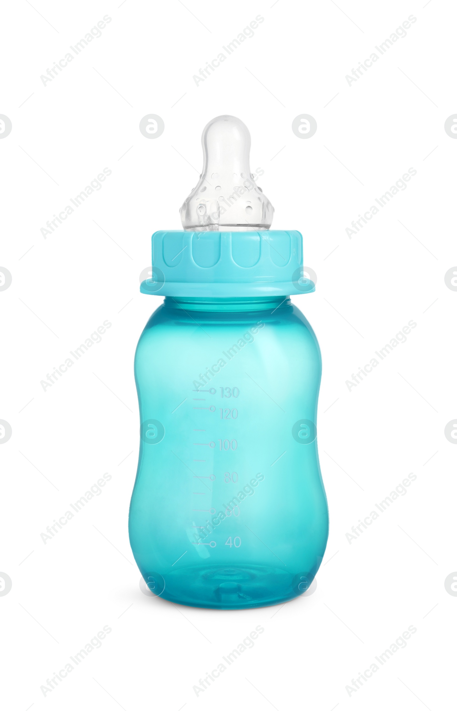 Photo of Empty turquoise feeding bottle for infant formula isolated on white