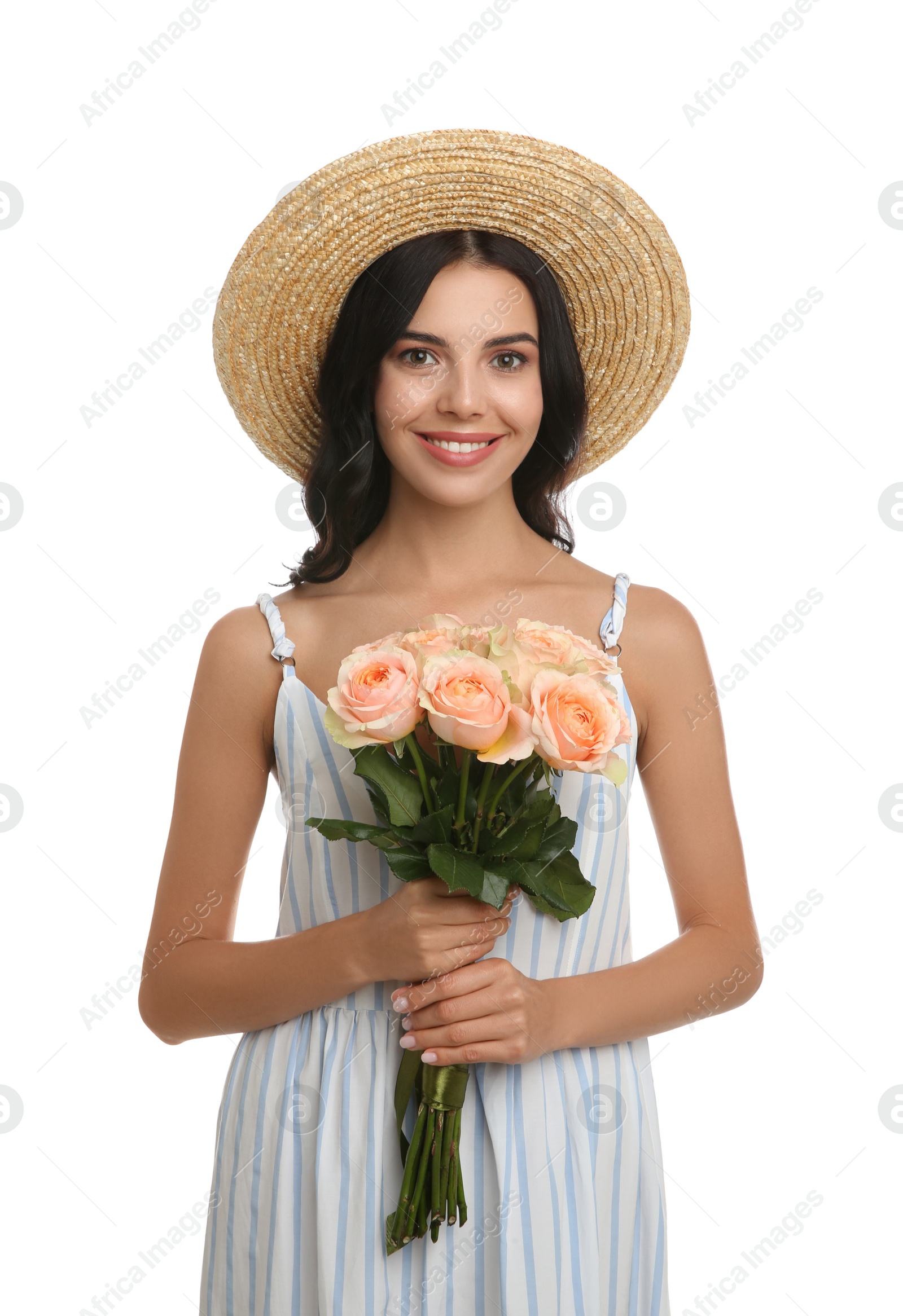 Photo of Portrait of smiling woman with beautiful bouquet on white background