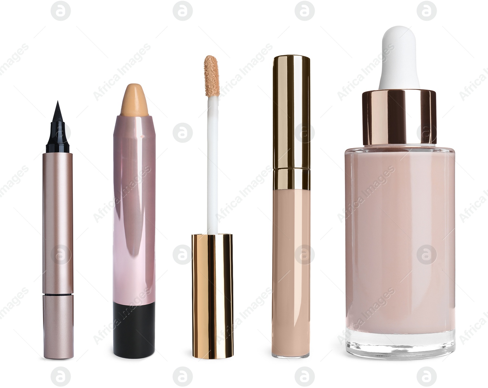 Image of Set with different decorative cosmetic products on white background 