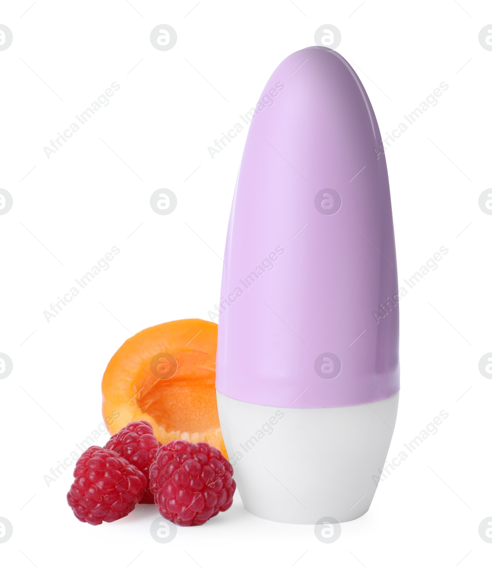 Photo of Natural female roll-on deodorant with fruits on white background